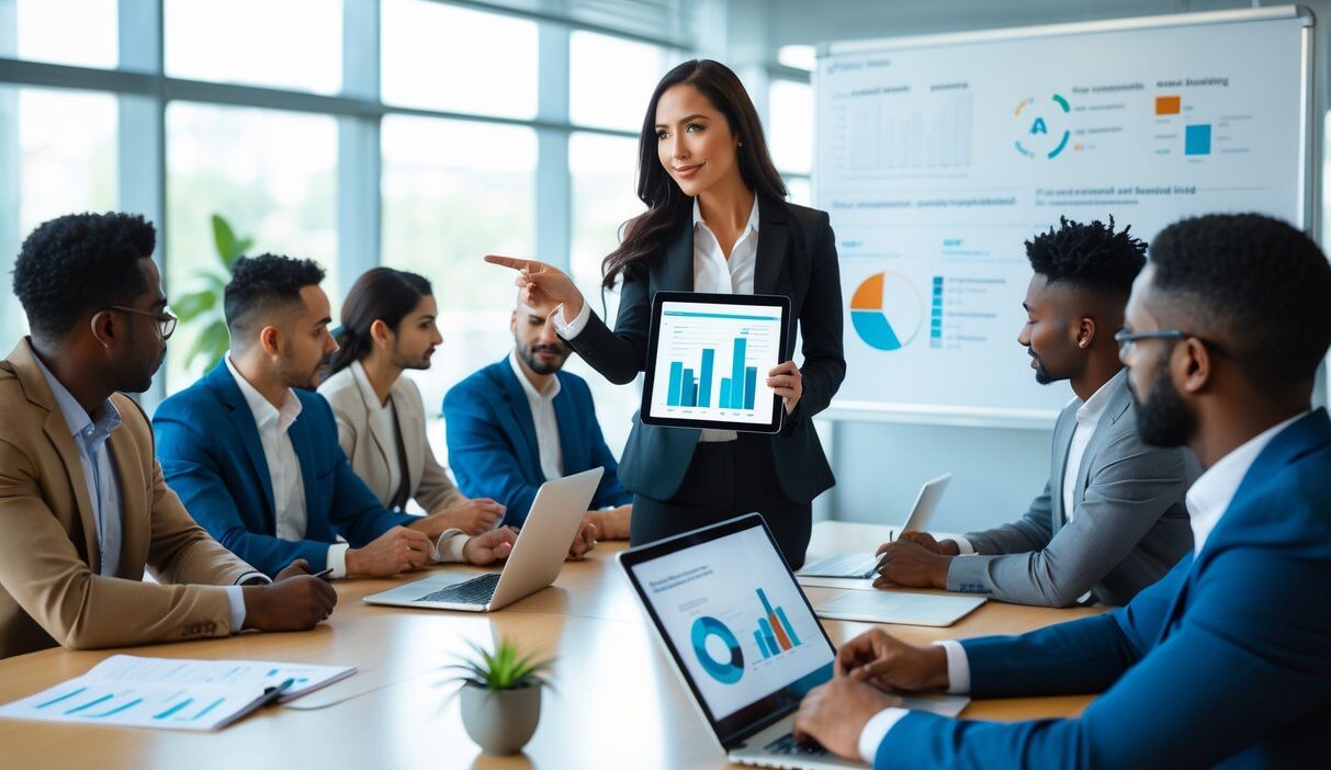 A group of business professionals in a conference room reviewing data on a tablet during a meeting.