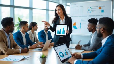 A group of business professionals in a conference room reviewing data on a tablet during a meeting.