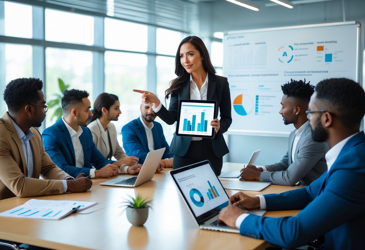 A group of business professionals in a conference room reviewing data on a tablet during a meeting.