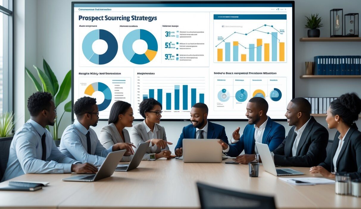 A group of business professionals collaborating around a table with laptops and charts on a screen in a modern office.
