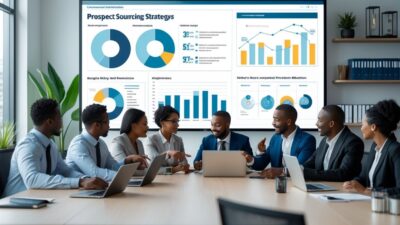 A group of business professionals collaborating around a table with laptops and charts on a screen in a modern office.