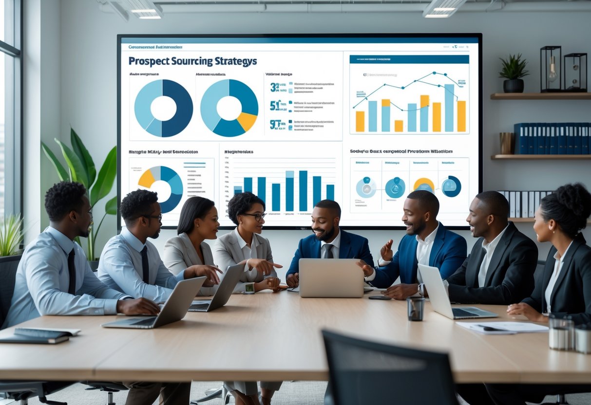 A group of business professionals collaborating around a table with laptops and charts on a screen in a modern office.