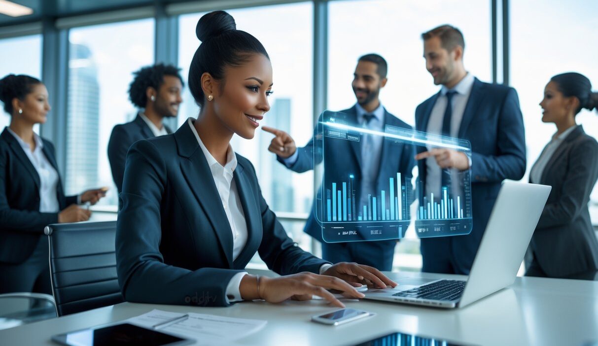Business professionals in an office collaborating over digital data and client profiles on laptops and transparent screens.
