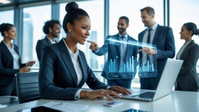 Business professionals in an office collaborating over digital data and client profiles on laptops and transparent screens.