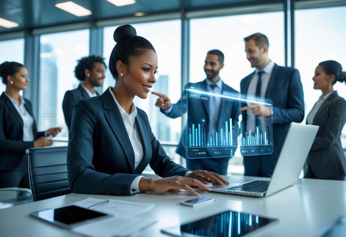 Business professionals in an office collaborating over digital data and client profiles on laptops and transparent screens.