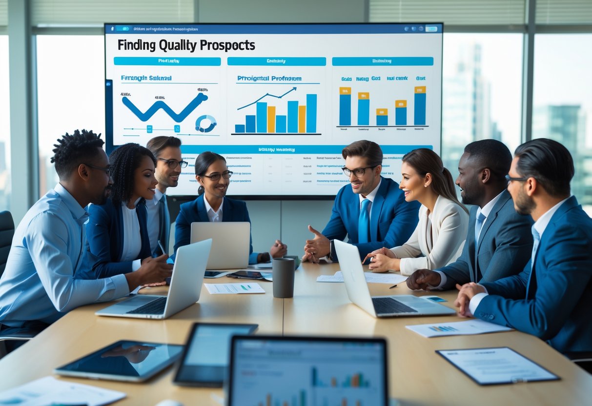 A group of business professionals collaborating around a conference table with laptops and charts in a bright office.