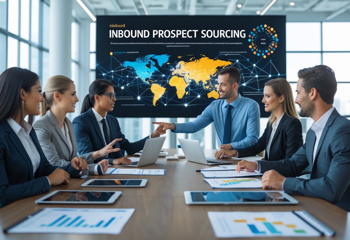 A group of business professionals collaborating around a table with laptops and documents in a modern office.