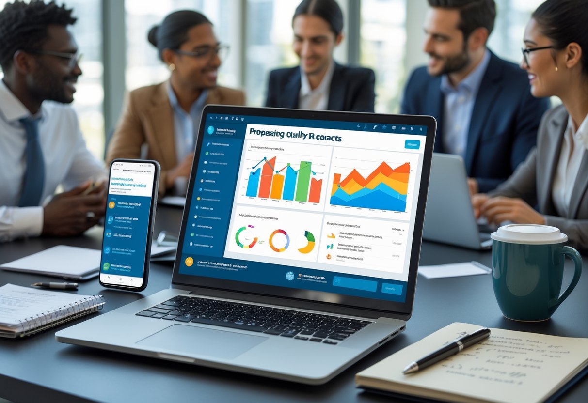 A modern workspace with a laptop showing analytics, a smartphone with notifications, and business items on the desk while a team collaborates in the background.
