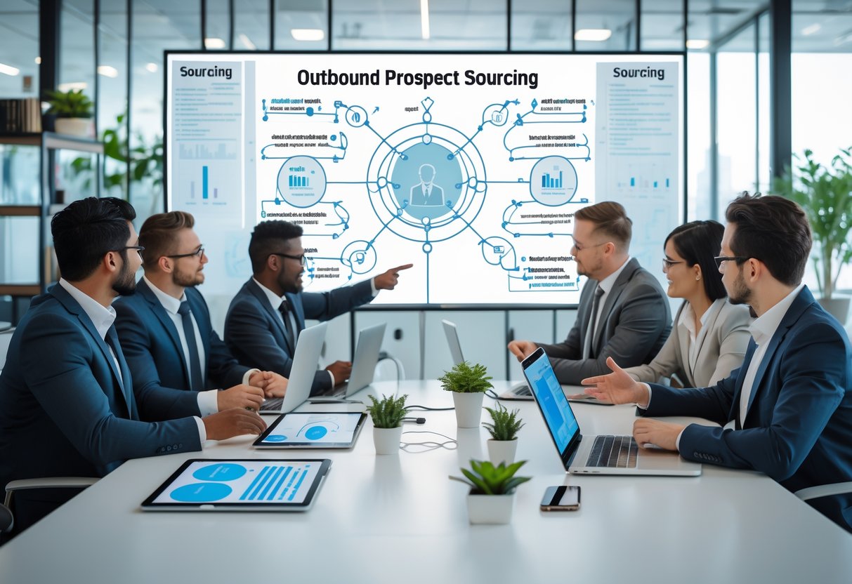 A diverse team of business professionals working together around a conference table with laptops and digital devices, discussing prospect sourcing strategies in a modern office.