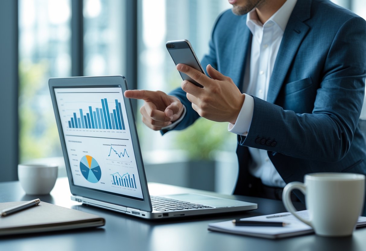 A businessperson in an office using a laptop and smartphone, reviewing data charts on the laptop screen.
