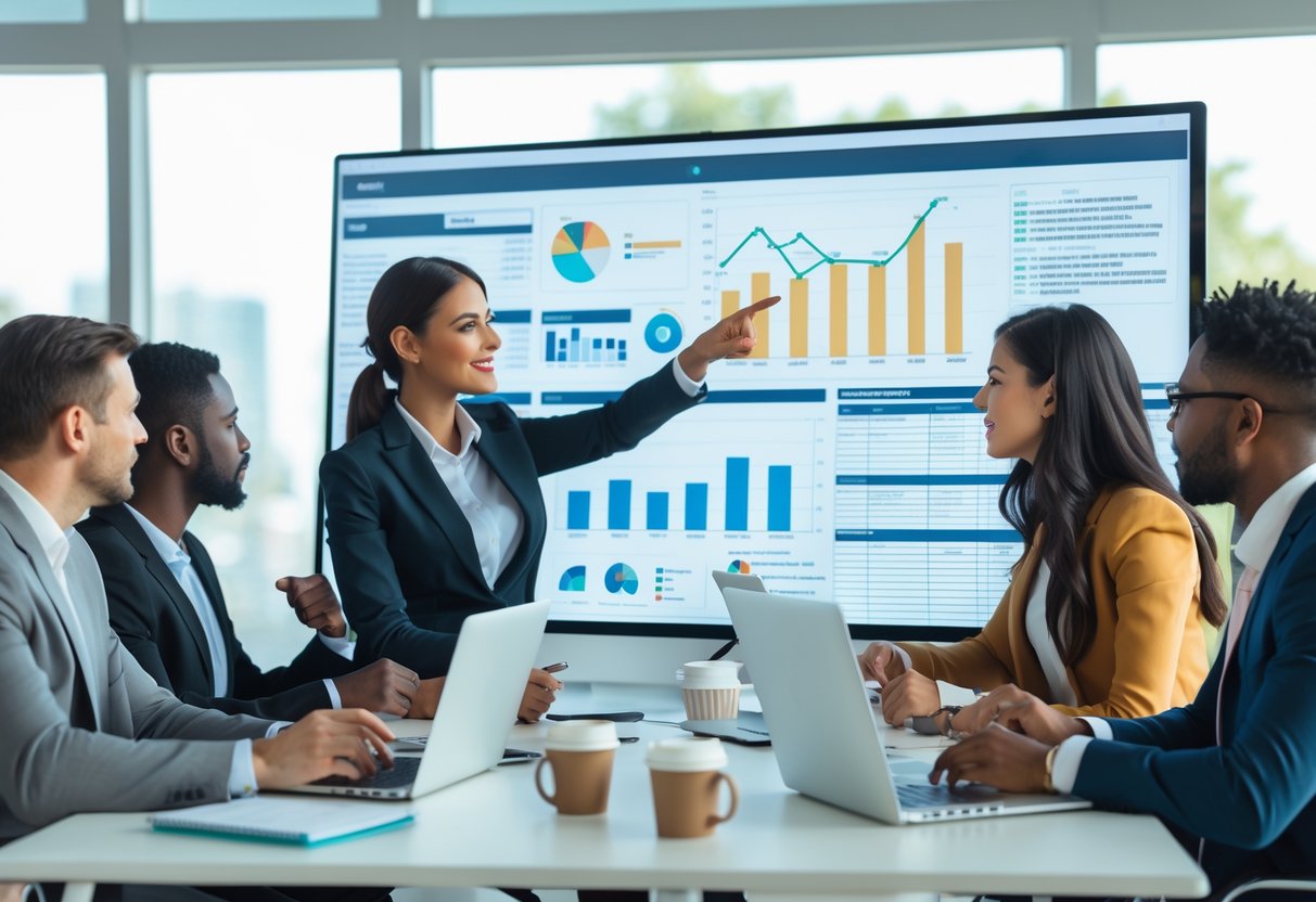 A group of business professionals in a meeting room reviewing charts and data on a large screen to identify and prioritize prospects.