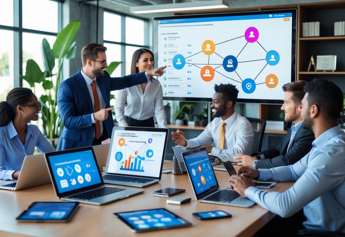 A group of business professionals using laptops and smartphones in a modern office, collaborating on social media and networking strategies.