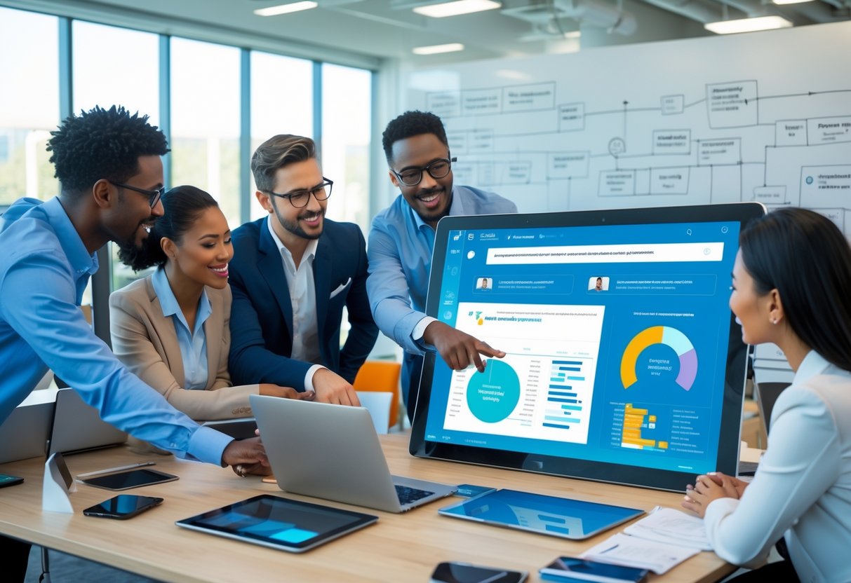 A diverse business team collaborating around a digital touchscreen table displaying customer data in a bright office.