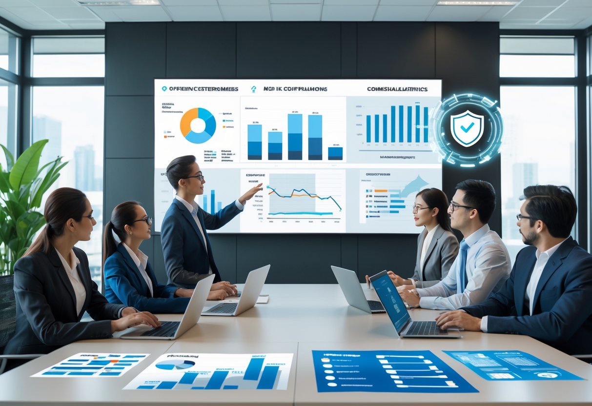 Business professionals discussing data and charts in a modern office conference room.
