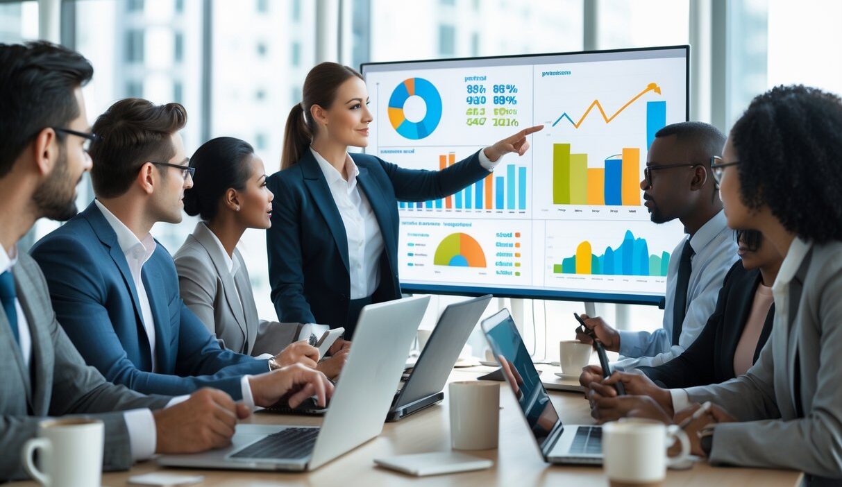 Business professionals collaborating in an office around a digital screen showing sales data and charts.