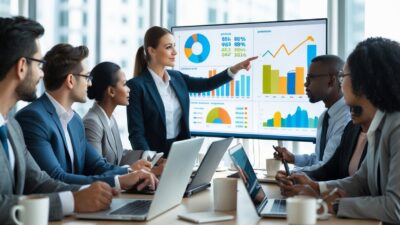 Business professionals collaborating in an office around a digital screen showing sales data and charts.
