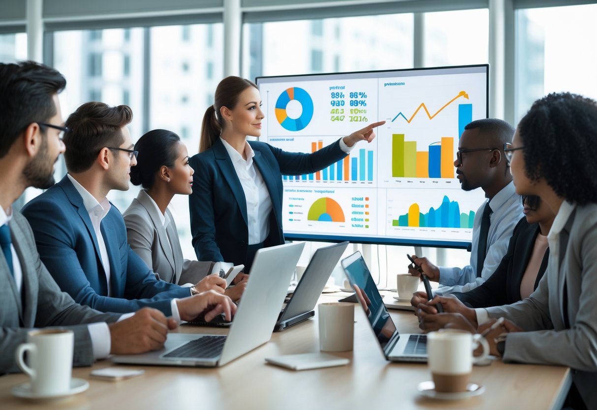 Business professionals collaborating in an office around a digital screen showing sales data and charts.
