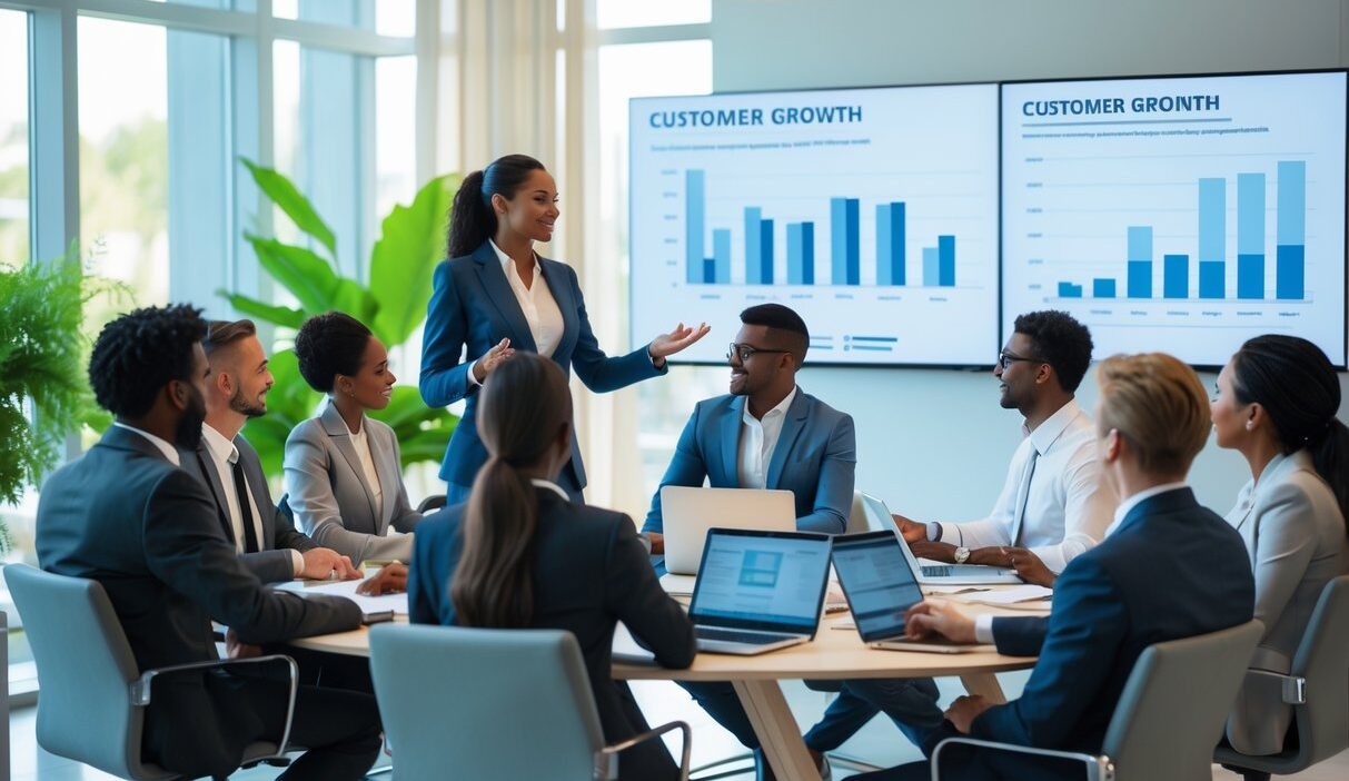 A group of business professionals in a modern office having a meeting around a conference table with laptops and charts.