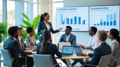 A group of business professionals in a modern office having a meeting around a conference table with laptops and charts.
