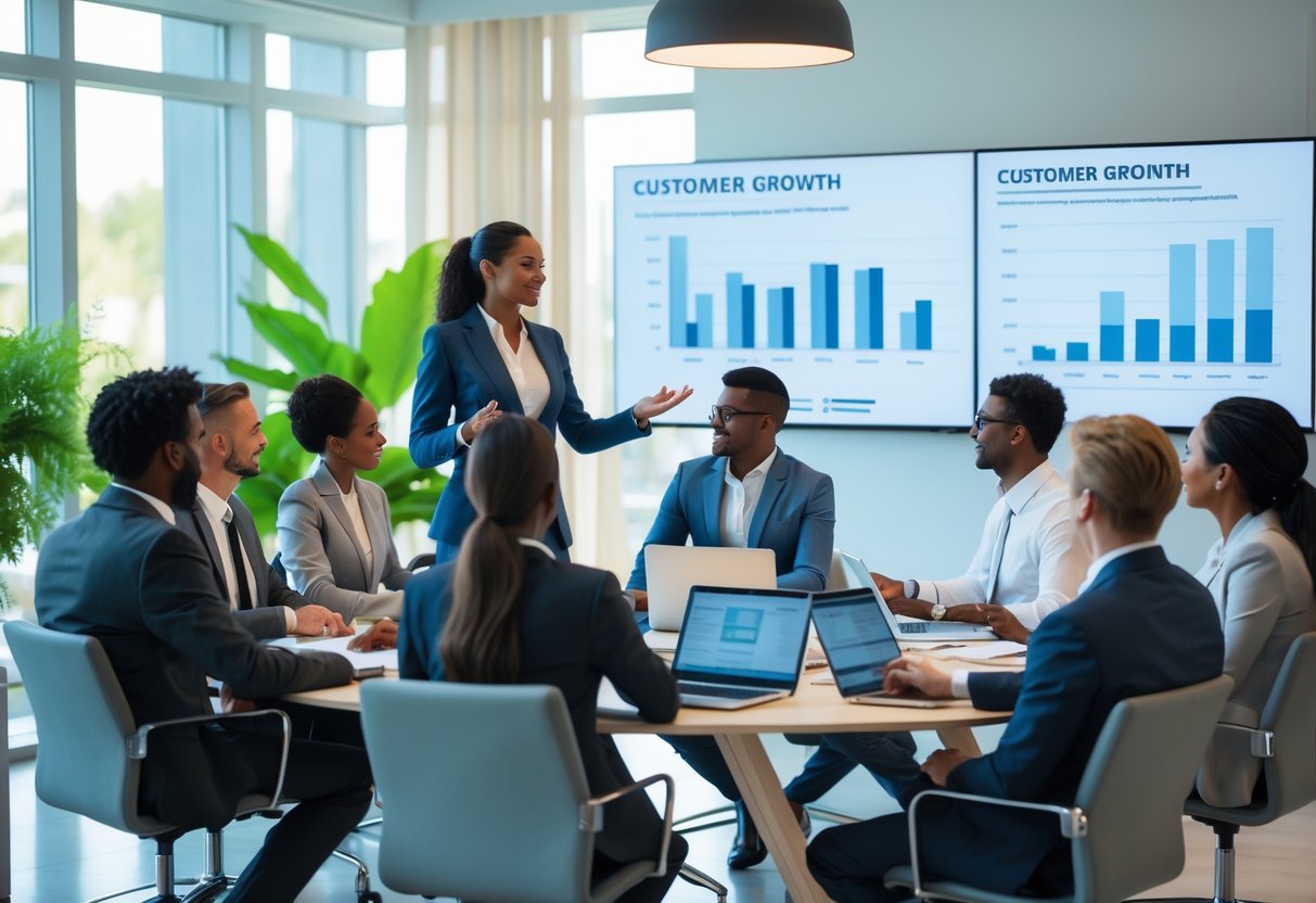 A group of business professionals in a modern office having a meeting around a conference table with laptops and charts.