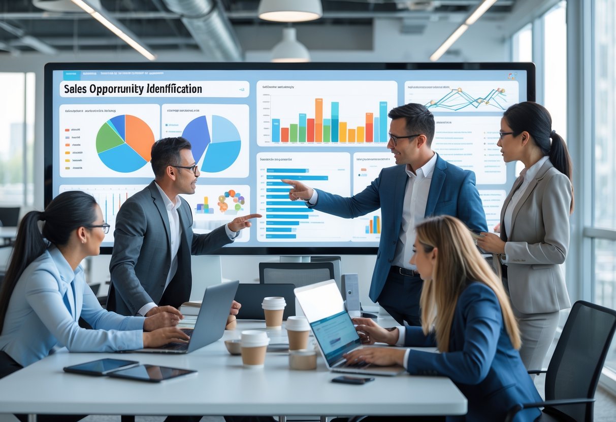 A diverse group of business professionals in a modern office collaborating around a digital touchscreen displaying data charts and graphs.
