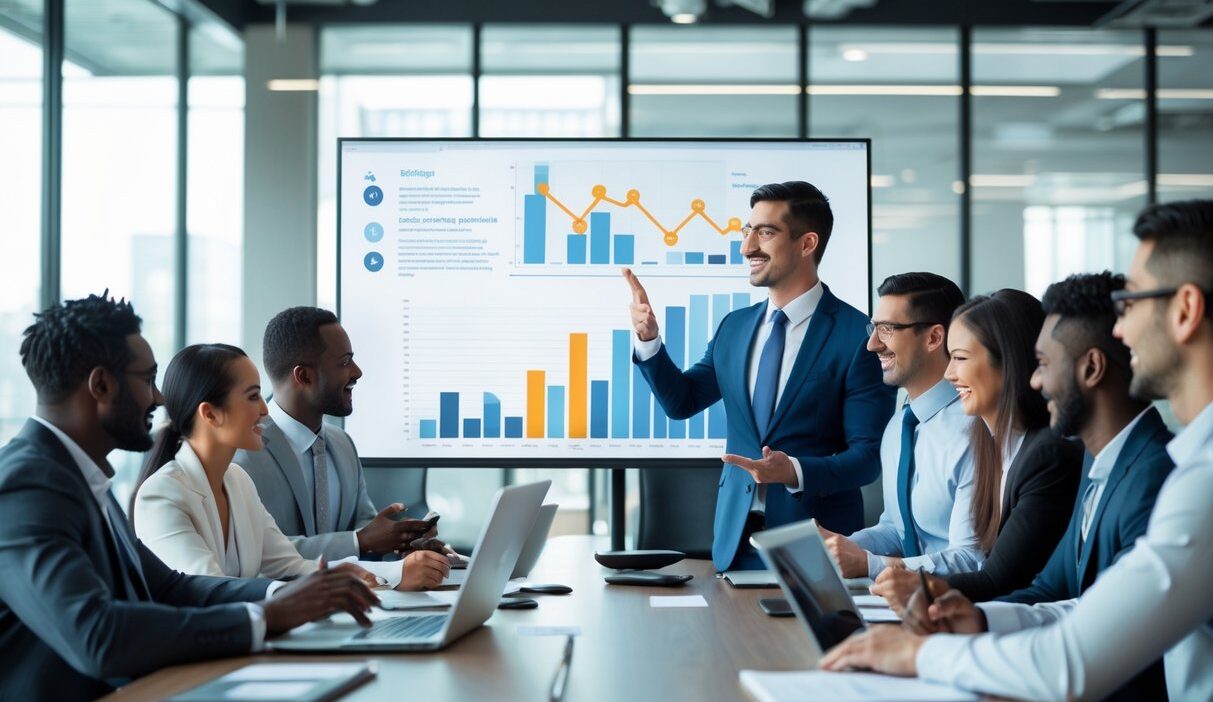 A diverse team of business professionals in a meeting room discussing sales data displayed on a large screen.