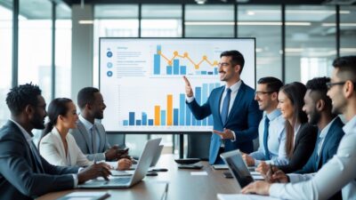 A diverse team of business professionals in a meeting room discussing sales data displayed on a large screen.