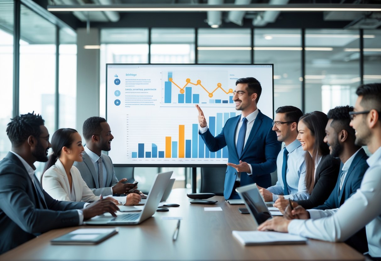 A diverse team of business professionals in a meeting room discussing sales data displayed on a large screen.