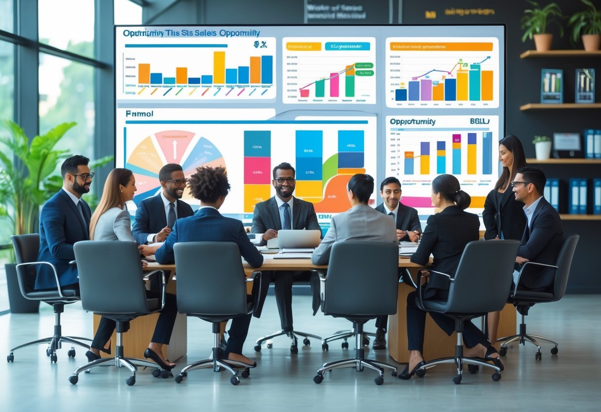 A group of business professionals collaborating around a table with charts and graphs on a digital screen in a modern office.
