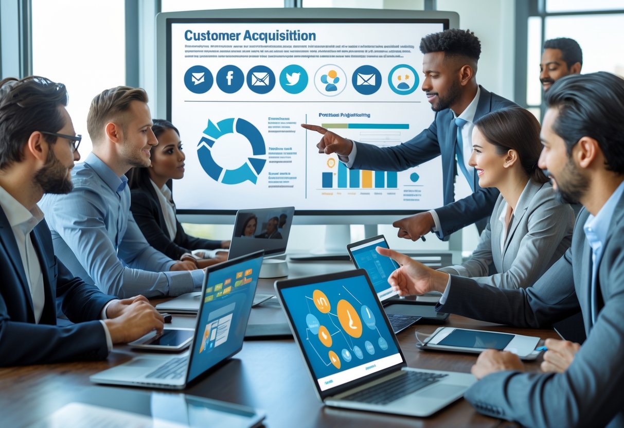 A diverse team of business professionals collaborating around a table with digital devices and charts about customer acquisition.