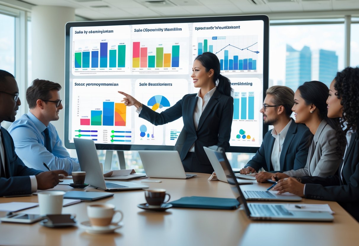 A group of business professionals in a conference room discussing sales data displayed on a large screen during a meeting.