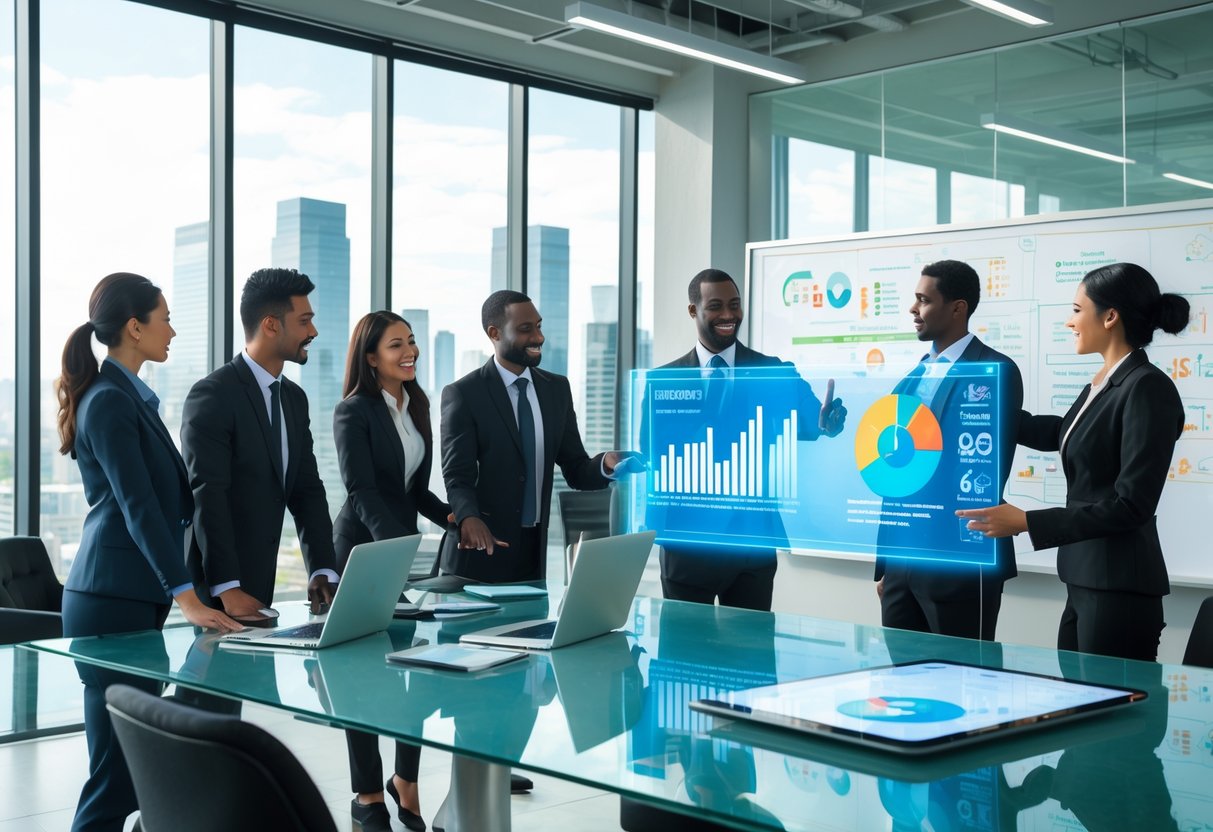 A group of business professionals collaborating around a table with digital devices and charts, discussing sales and lead generation strategies in a bright office.