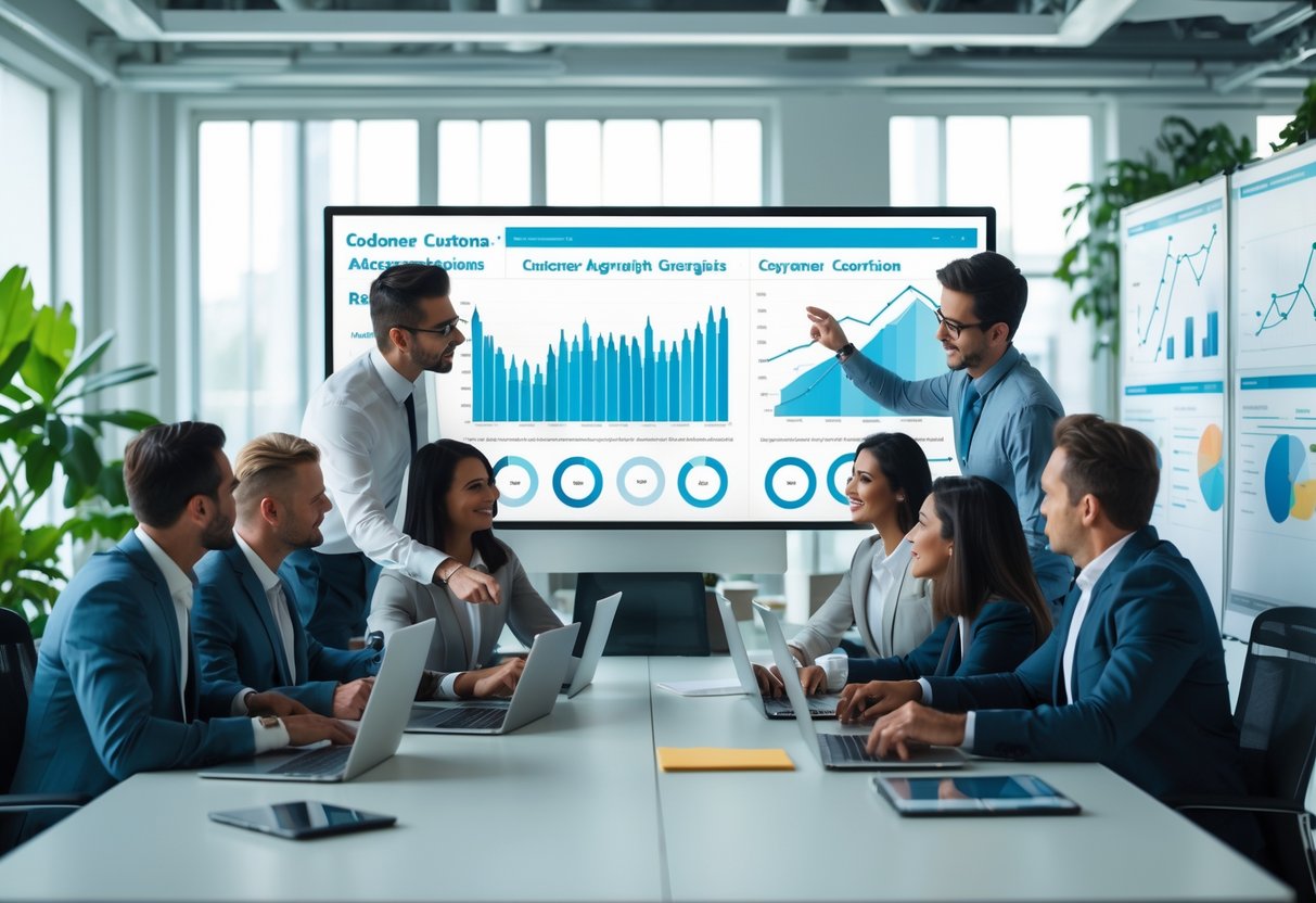 A group of business professionals collaborating around a table with laptops and charts showing customer growth in a bright office.