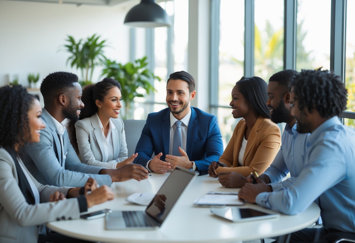 A sales representative engaging with a group of potential clients around a table in a bright office setting.