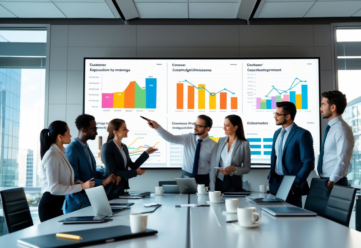 A group of business professionals in an office reviewing charts and graphs on a large screen during a meeting.