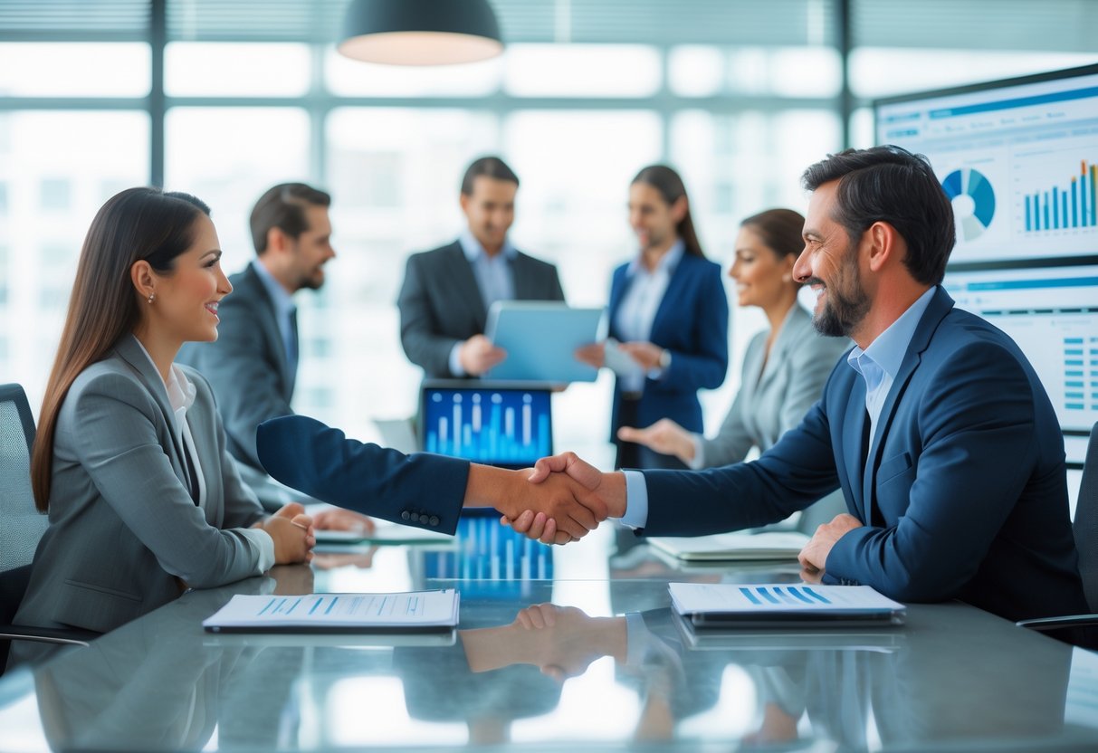 Business professionals shaking hands in an office during a meeting, with others reviewing charts and data in the background.