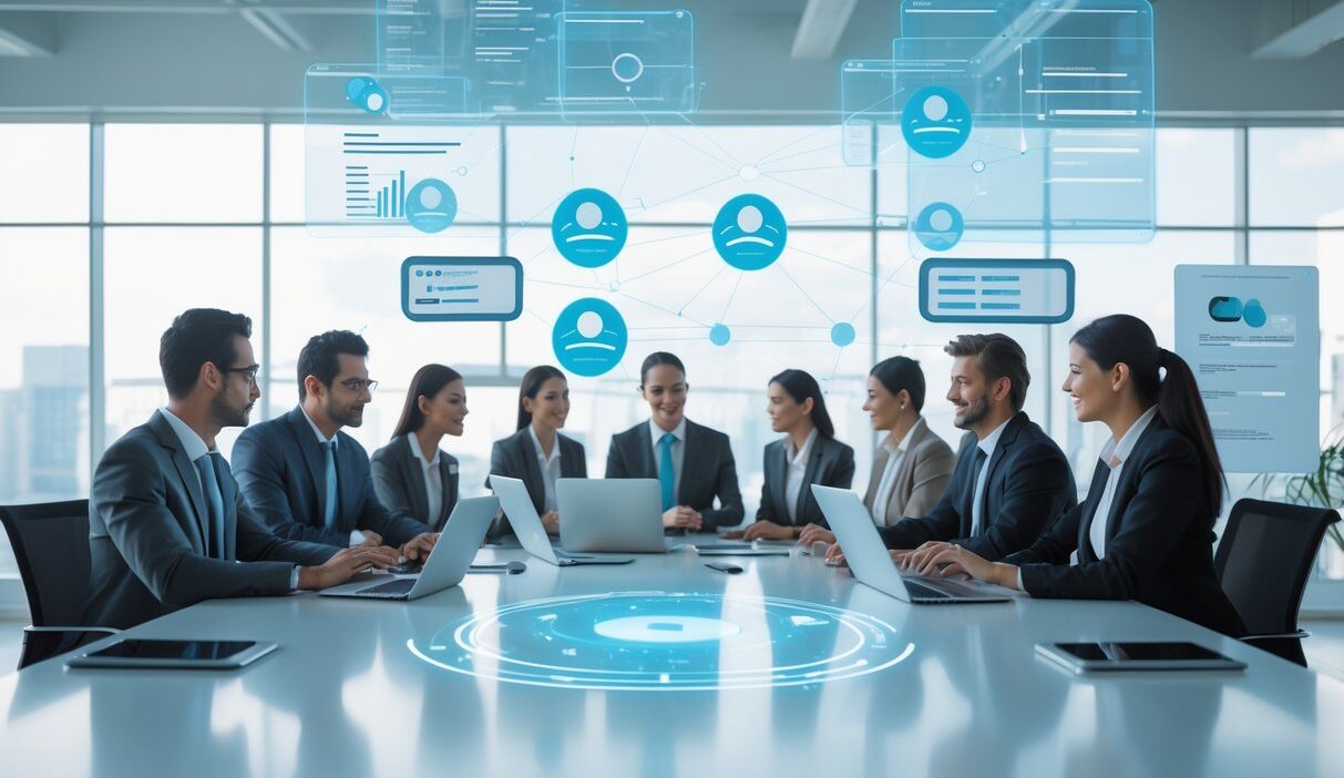 A group of business professionals collaborating around a table with digital interfaces showing interconnected contact profiles and data.