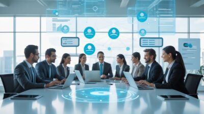 A group of business professionals collaborating around a table with digital interfaces showing interconnected contact profiles and data.