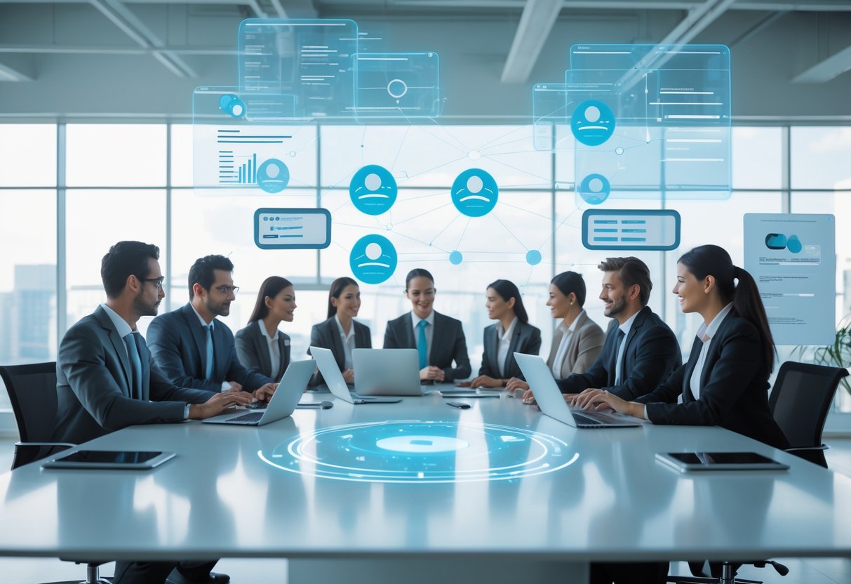 A group of business professionals collaborating around a table with digital interfaces showing interconnected contact profiles and data.