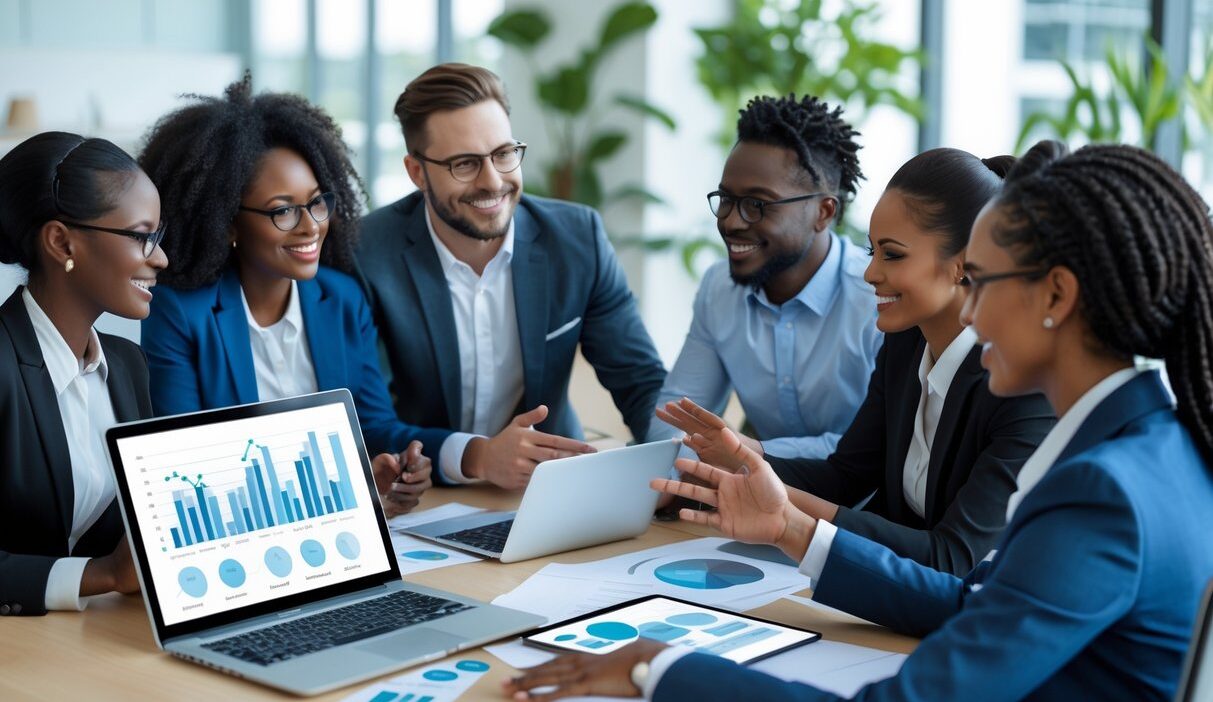 A group of business professionals discussing referral marketing data around a conference table in a bright office.