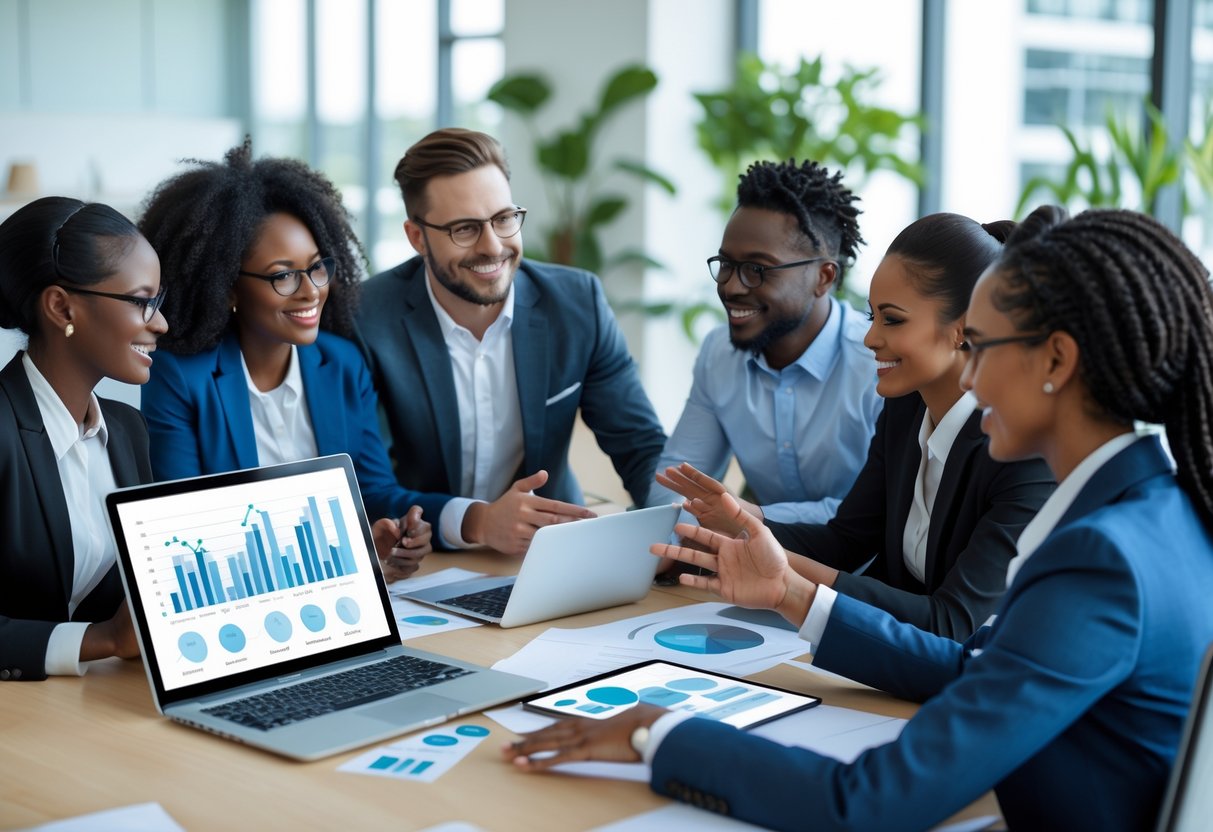 A group of business professionals discussing referral marketing data around a conference table in a bright office.