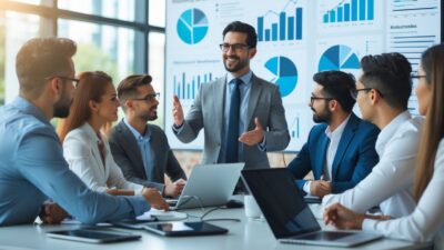 A group of business professionals collaborating around a conference table with laptops and charts in a bright office.