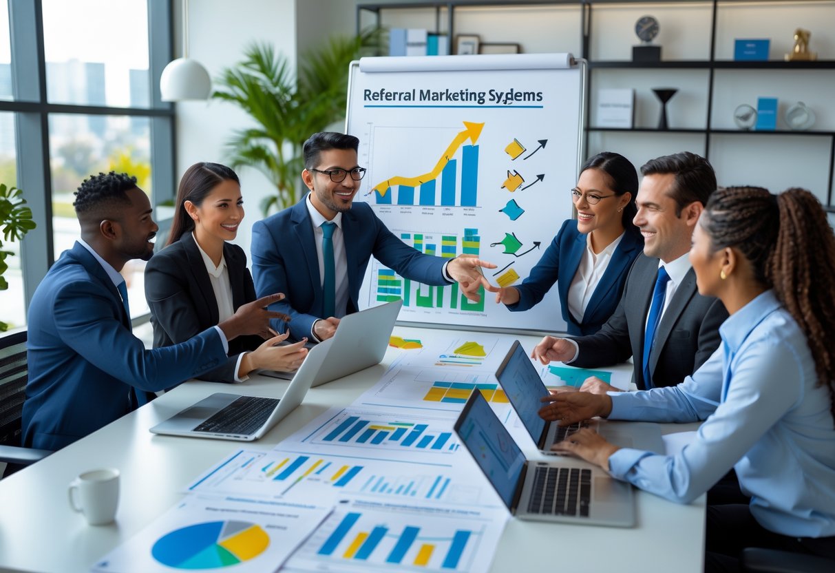 A group of business professionals collaborating around a table with laptops and charts, discussing referral marketing strategies in a bright office.