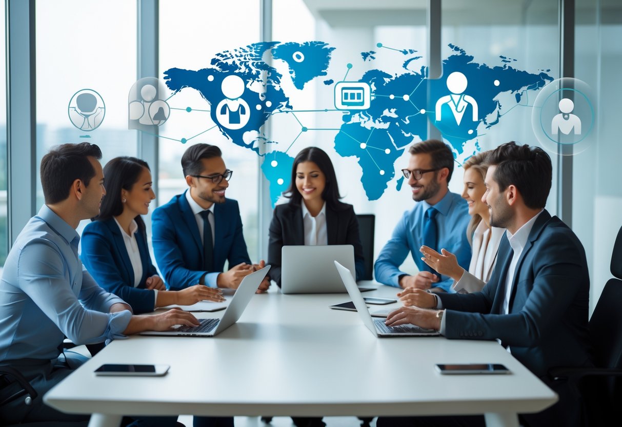 A group of business professionals collaborating around a conference table with laptops and digital devices in a modern office.