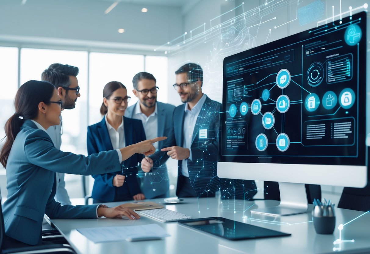 A team of professionals collaborating around a computer displaying data connections and automation icons in a modern office.