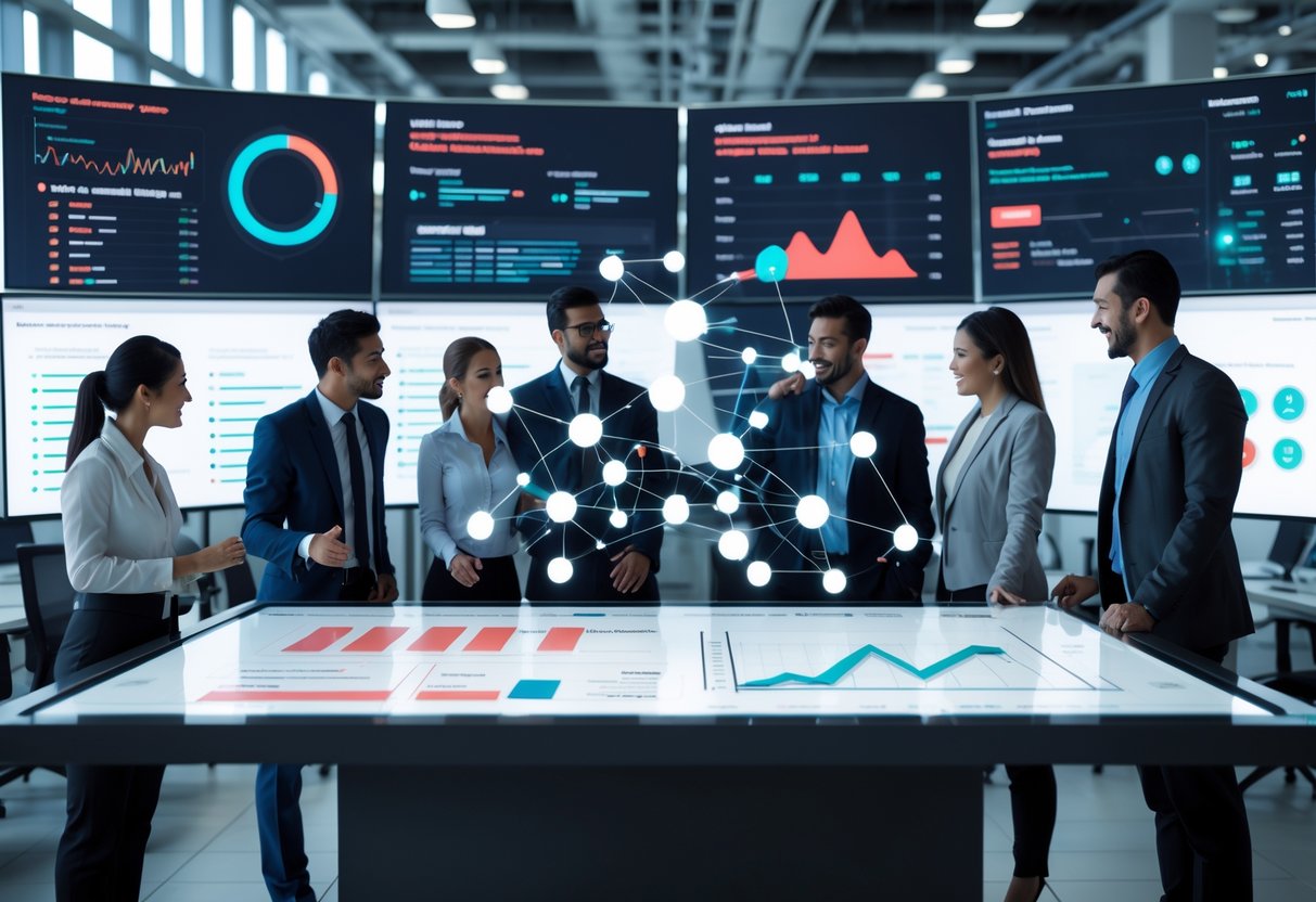 A group of professionals collaborating around a digital table with graphs and data related to referral marketing, surrounded by multiple monitors displaying analytics and security icons.