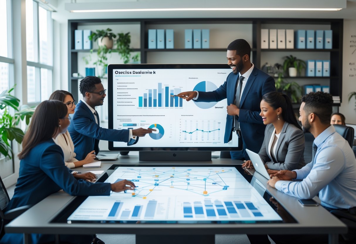 A group of professionals collaborating around a digital touchscreen table with data charts and contact network maps in a modern office.