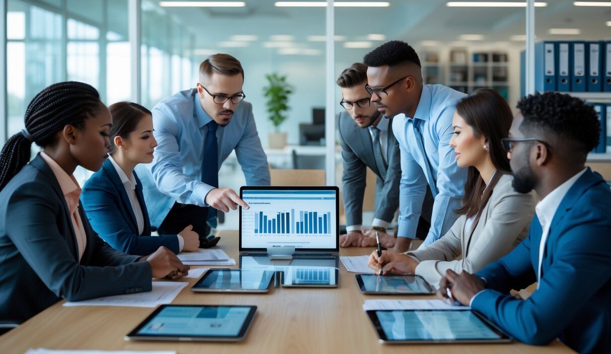A group of professionals working together around a table with laptops and documents, reviewing data on a computer screen in a bright office.