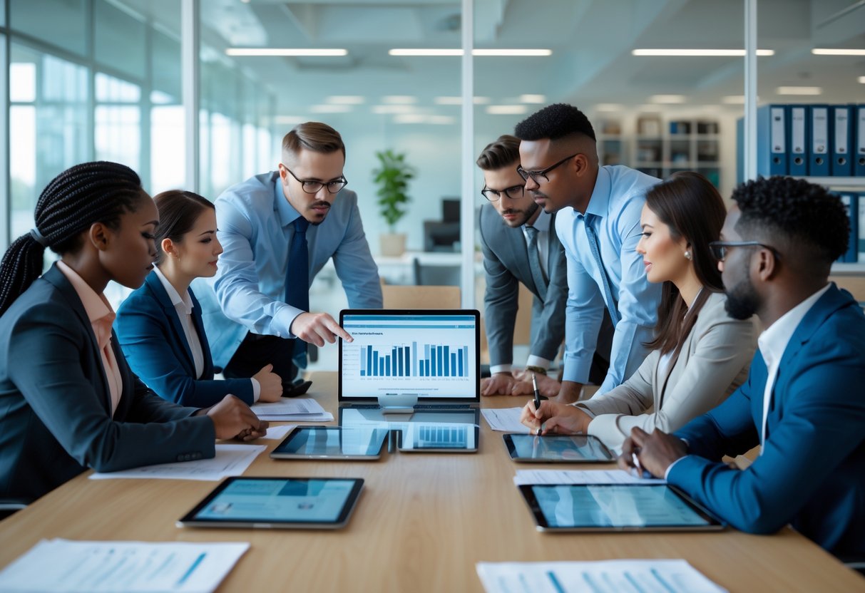 A group of professionals working together around a table with laptops and documents, reviewing data on a computer screen in a bright office.