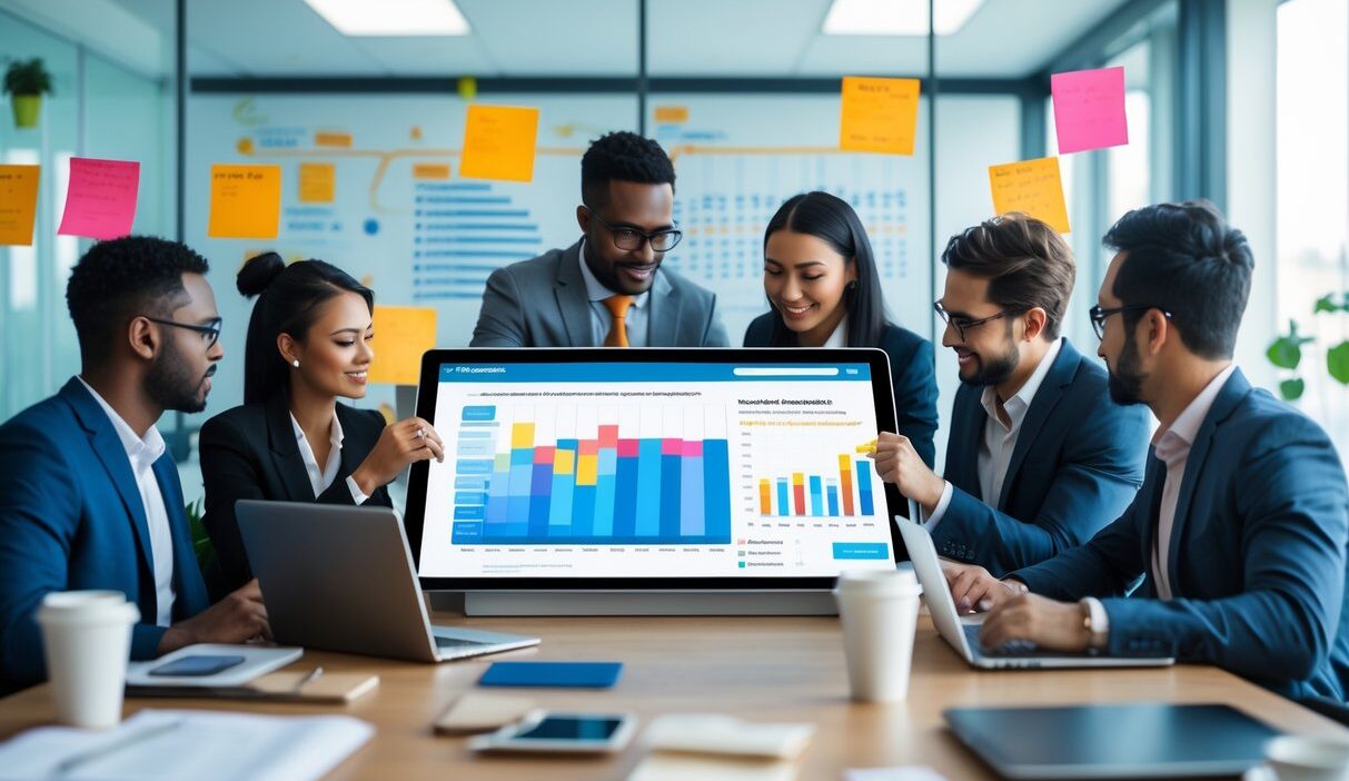 A group of business professionals collaborating around a digital touchscreen table displaying charts and a sales pipeline dashboard in a modern office.